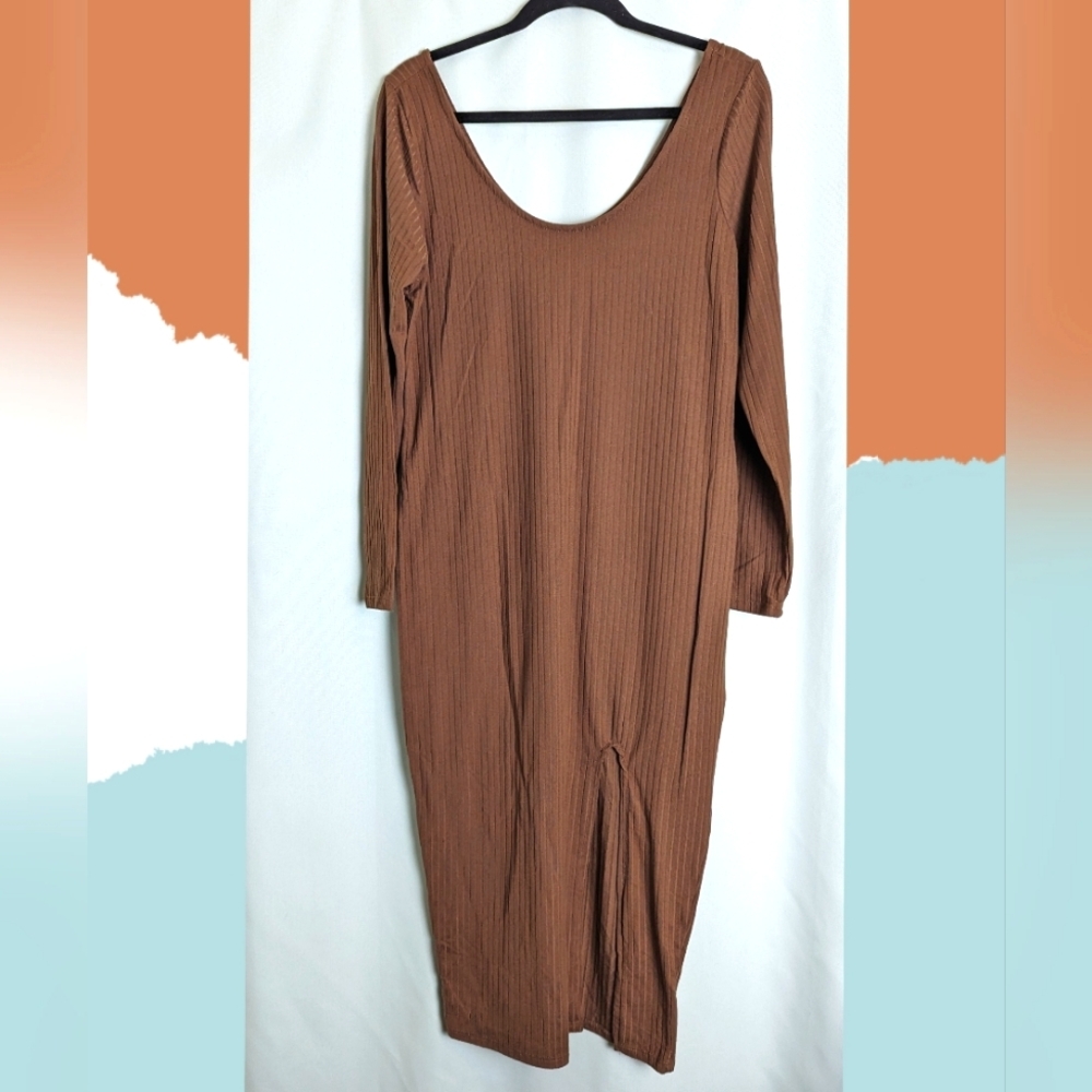 Caramel Brown Fitted Midi Dress with front Split - Picture 5 of 5